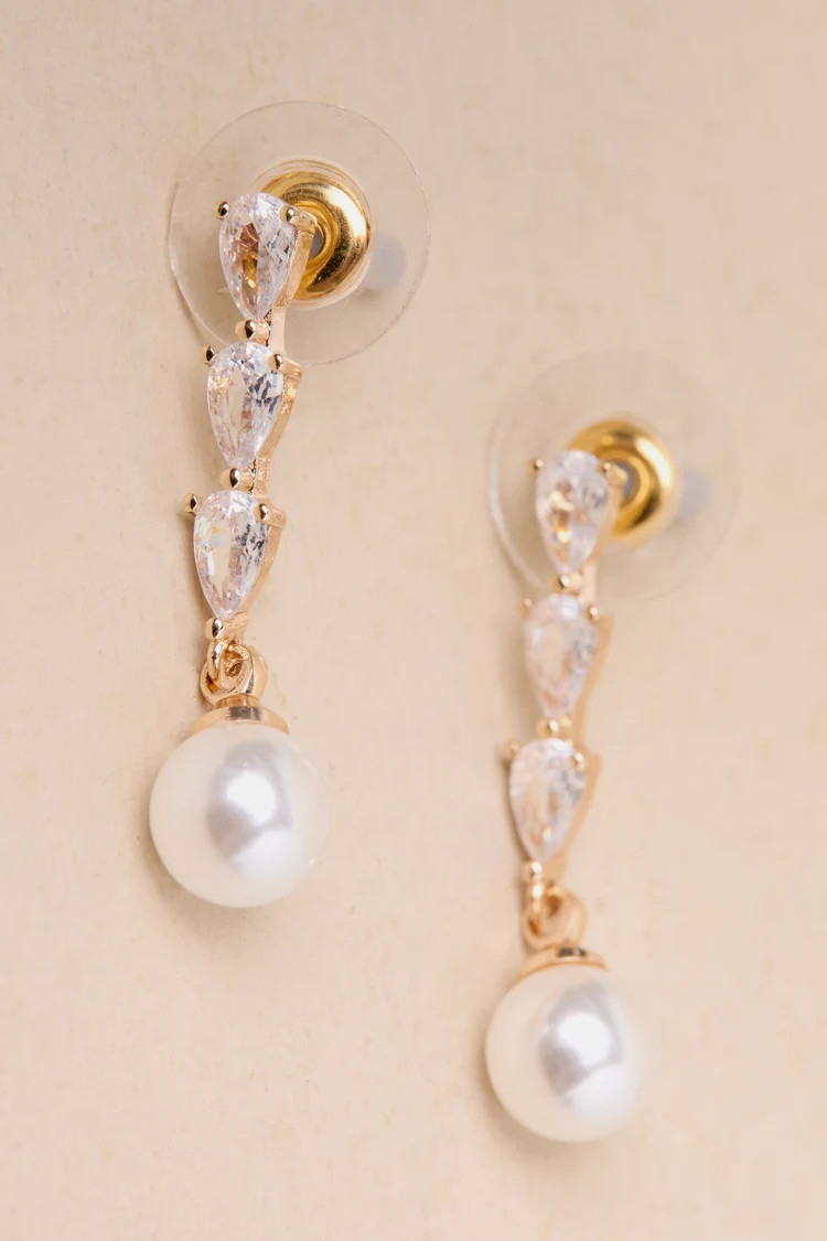 Dreamy Dazzle Gold Rhinestone Pearl Drop Earrings | Lulus