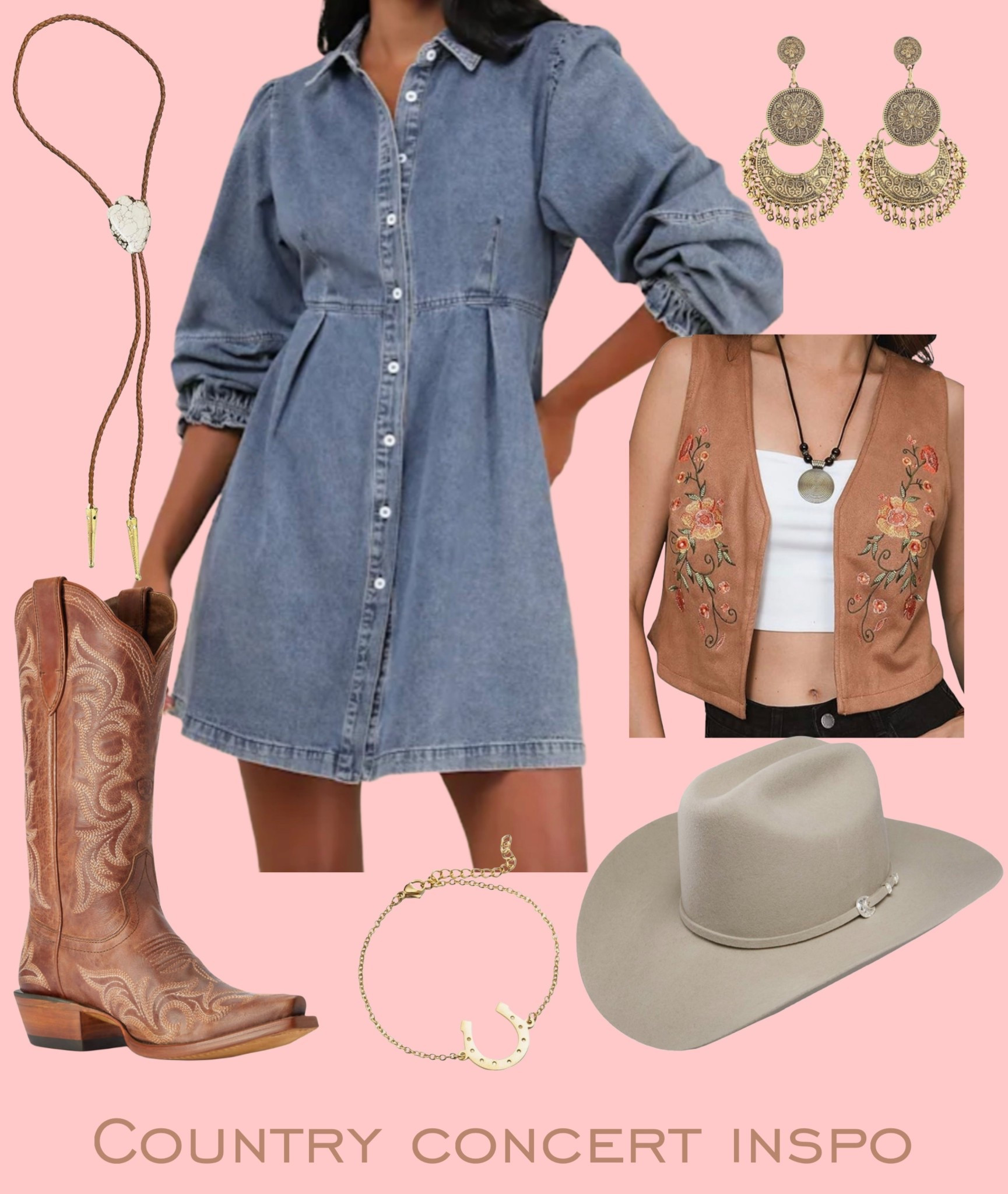 Concert inspo! Western style denim dress and vest with boots and hat! 

#LTKSeasonal #LTKStyleTip