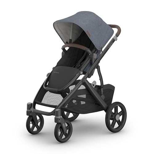 UPPAbaby Vista V3 Full-Size Single-to-Double Stroller System, Toddler Seat, Bug & Rain Shields, Storage Bag Included, Julian (Dusty Blue Mélange/Carbon Frame/Chestnut Leather) | Amazon (US)