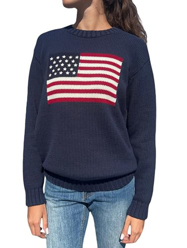 Luckinbaby American Flag Sweater for Women Striped Star Sweaters USA Sweatshirt Patriotic Knitted Loose Pullover Top(Crewneck Blue,M) | Amazon (US)