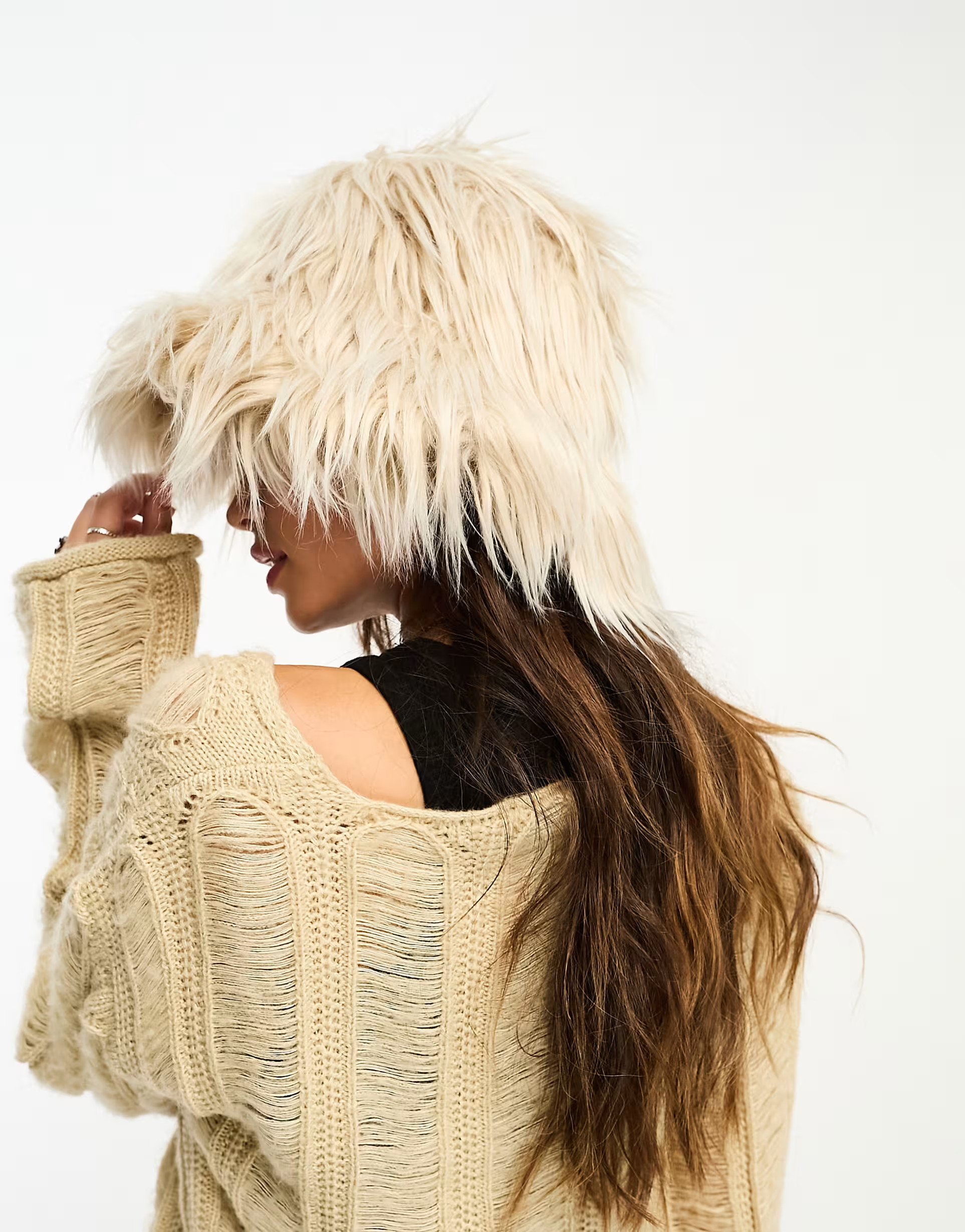 Reclaimed Vintage faux fur fluffy bucket hat in natural | ASOS (Global)