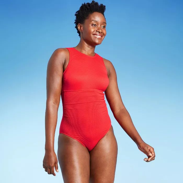Women's Textured High Neck High Coverage One Piece Swimsuit - Kona Sol™ Red | Target
