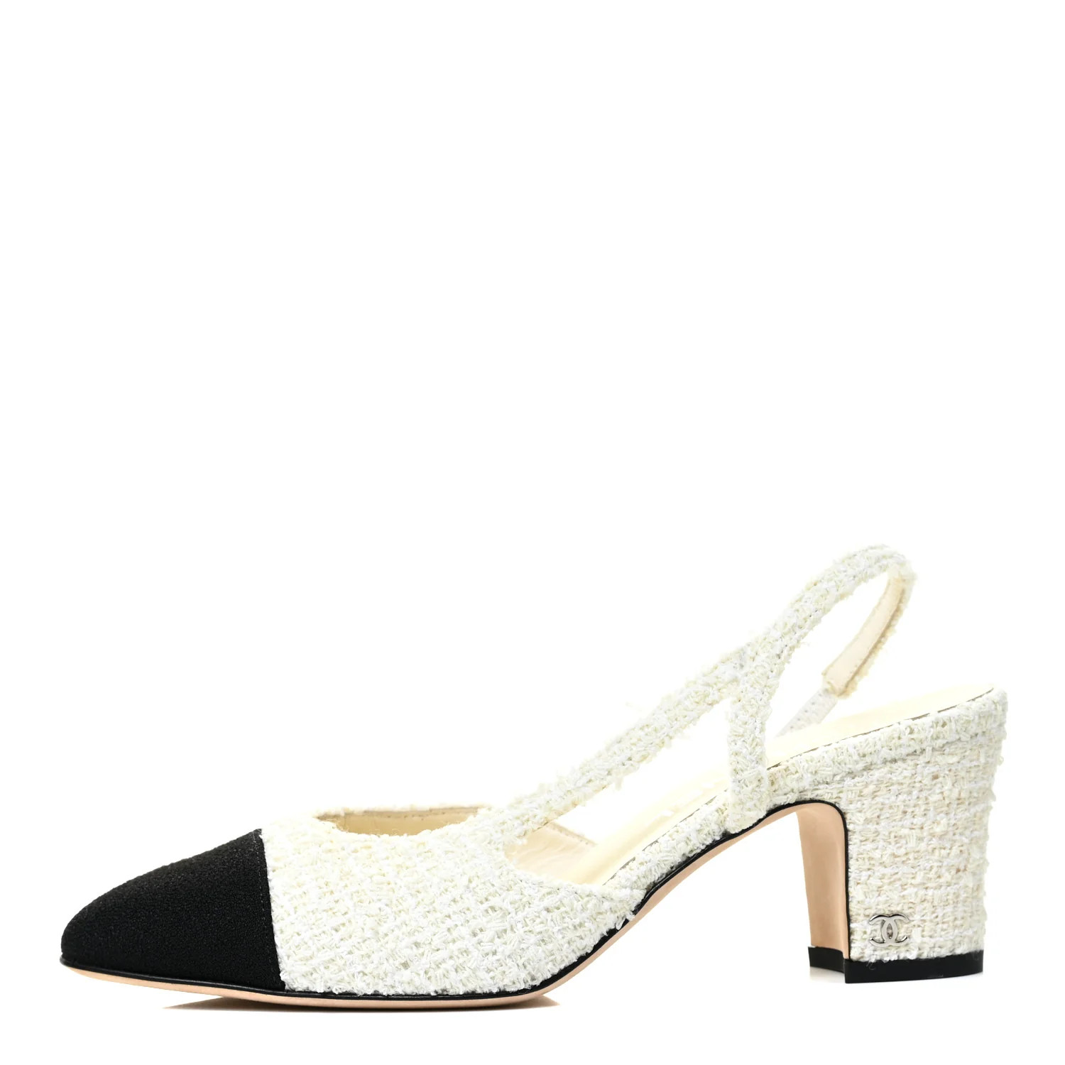 CHANEL Tweed Cap Toe CC Slingback Pumps 37 Ivory Black | FASHIONPHILE | Fashionphile