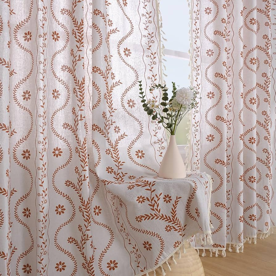 Schweek Boho Curtains 84 Inch Length Farmhouse Curtains for Living Room 2 Panels, Linen Semi Shee... | Amazon (US)