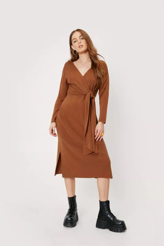 Knitted Wrap Tie Midi Dress | Nasty Gal (US)