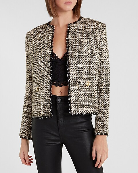 Strong Shoulder Gold Button Tweed Jacket | Express