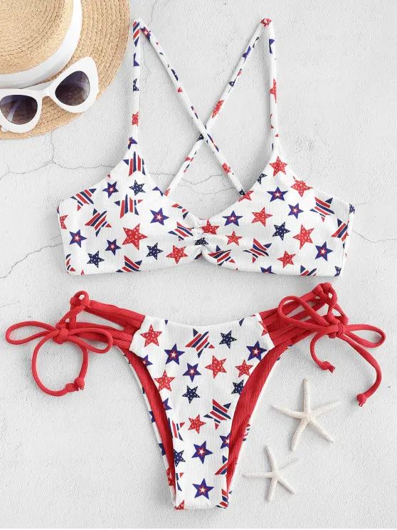 ZAFUL Ribbed American Flag Strappy Bikini Swimwear   WHITE | ZAFUL (Global)