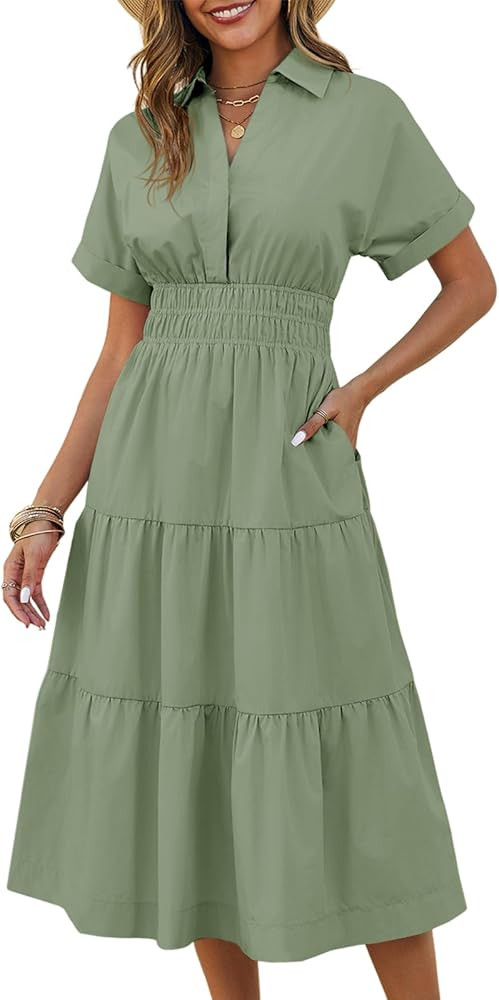 Wenrine Womens Summer Short Sleeve Maxi Dresses Casual V Neck Smocked Loose Tiered Flowy Shirt Dr... | Amazon (US)