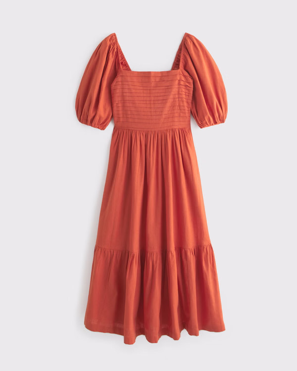 The A&F Emerson Linen-Blend Puff Sleeve Midi Dress | Abercrombie & Fitch (US)