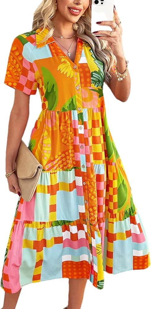 HangNiFang 2025 Womens Summer Button Down Floral Babydoll Maxi Dress Ruffle V Neck Short Sleeve S... | Amazon (US)