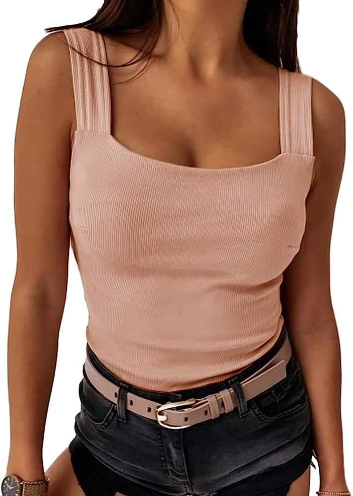 Womens Sexy Low Cut Square Neck Tank Top Casual Thick Strap Summer Solid Top | Amazon (US)