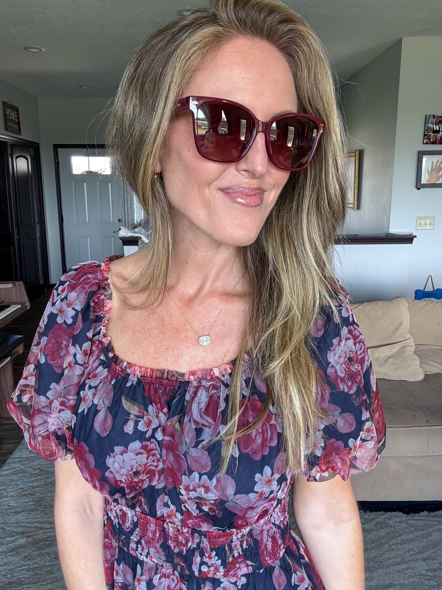 These dark red square sunglasses are so fun! 😎 Loving the shape and the color! 

As an Amazon Influencer I earn commission on qualifying purchases.

Dark red sunglasses, summer accessories, navy floral print dress, summer outfit inspo, mom style, spring fashion 2026, trendy accessories

#LTKOver40 #LTKMidsize #LTKootd