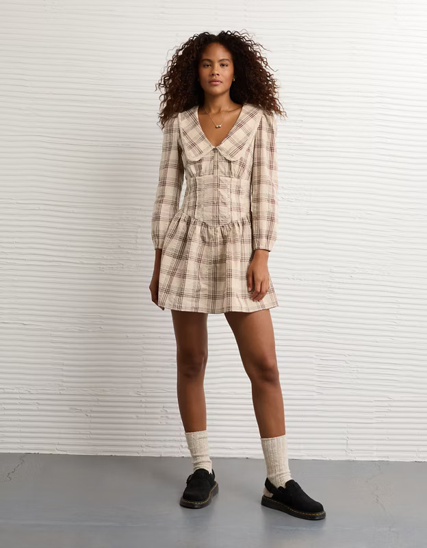 AE Long Sleeve Lace Collar Mini Dress | American Eagle Outfitters (US & CA)