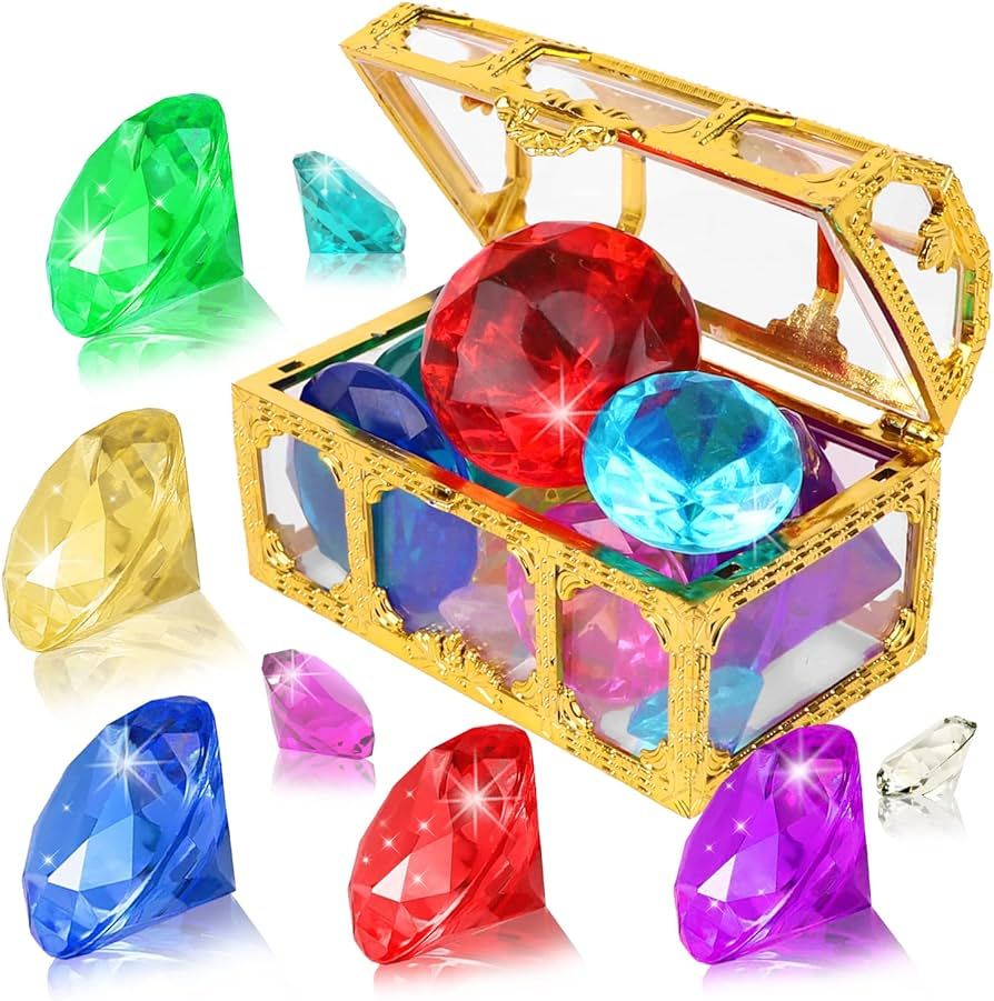 YUJUN Diving Gem Pool Toys 10 Colorful Big Diamond Gem with Treasure Pirate Chest Box Summer Unde... | Amazon (US)