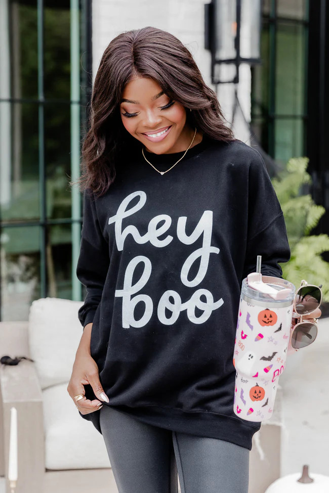 Hey Boo Black oversized Graphic Sweatshirt | Pink Lily