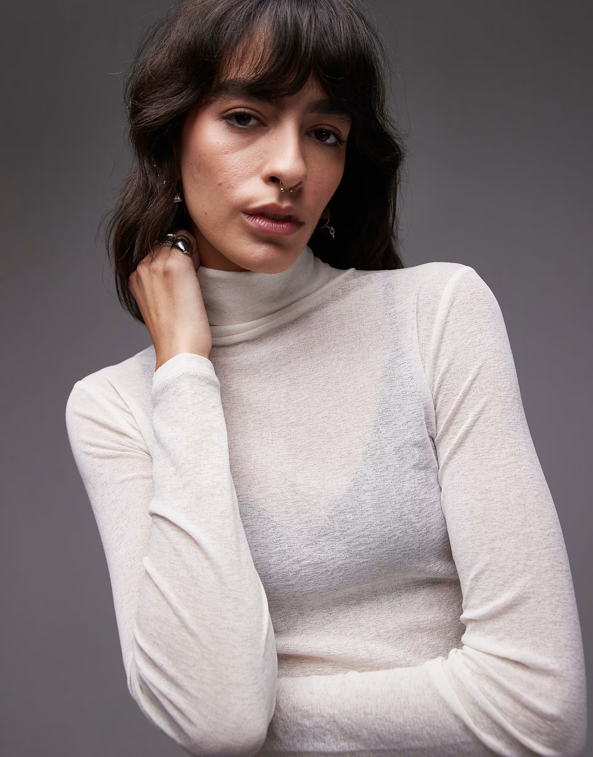 ASOS DESIGN gauzy sheer roll neck top in ivory | ASOS | ASOS (Global)