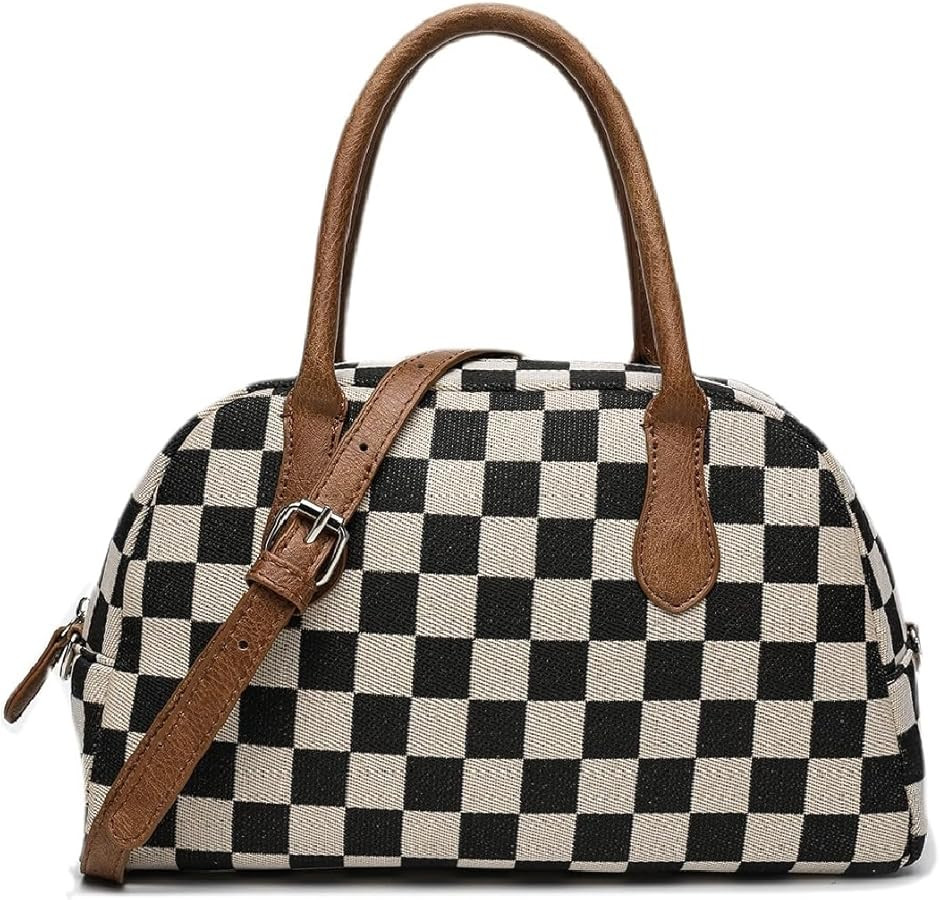 Checkered Boston Barrel Bag for Women,Canvas Handbag Top Handle Shoulder Purse with Crossbody Str... | Amazon (US)