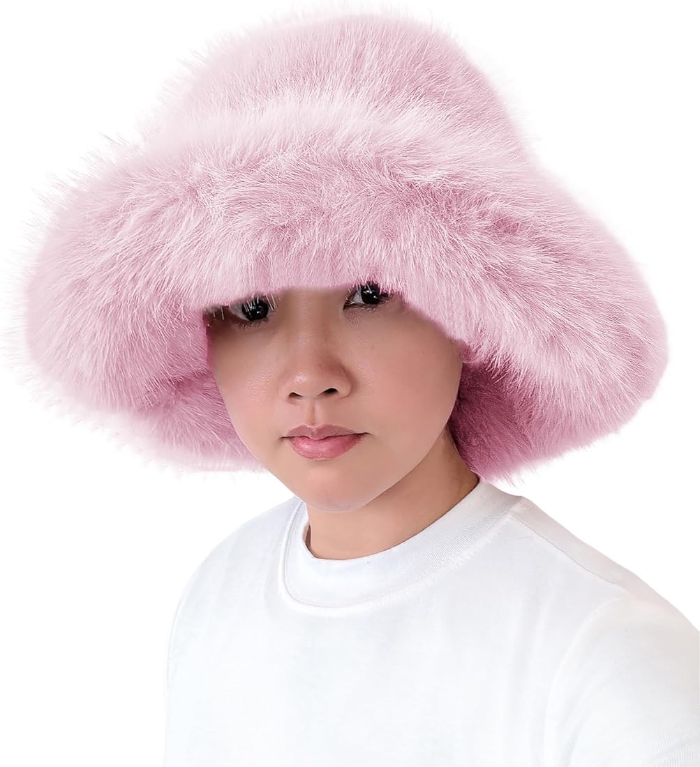 Lina & Lily Oversized Winter Faux Fur Bucket Hat for Women - Long Pile Fur Wide Moldable Brim | Amazon (US)