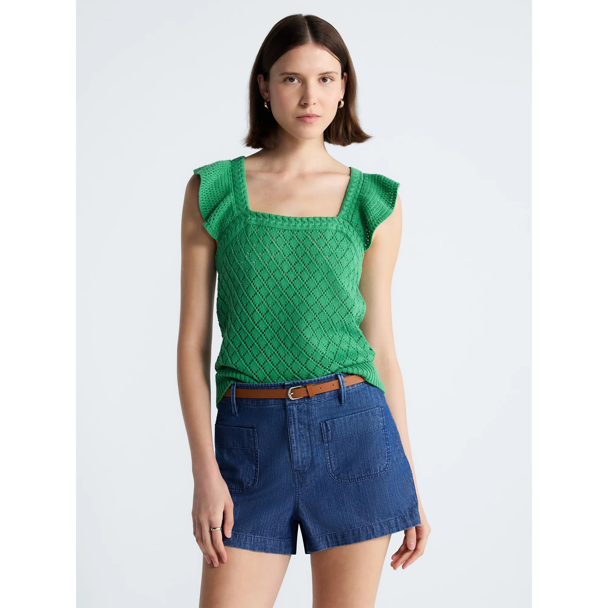 Free Assembly Women's and Women's Plus Square Neck Cotton Sweater with Flutter Sleeves, Sizes XS-... | Walmart (US)