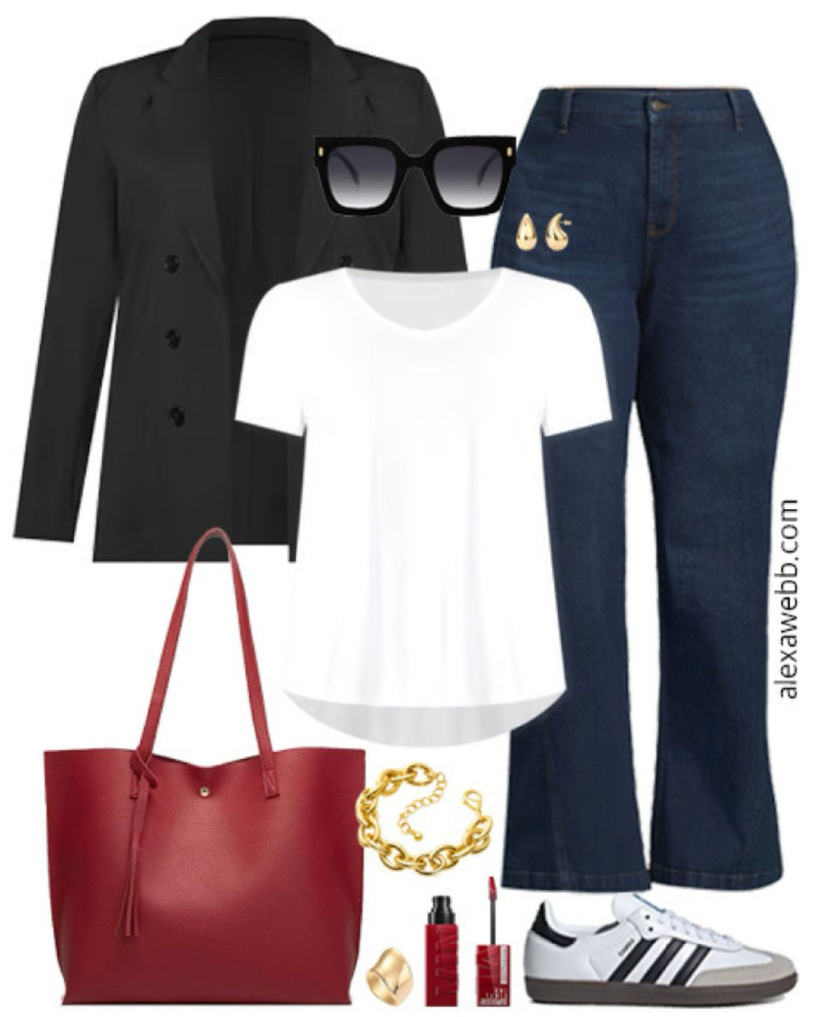 Plus Size Teacher Outfits 2024 - Part 1 - A plus size business casual outfit for teachers heading back to school this fall. A plus size black blazer, white t-shirt, trouser jeans, sneakers, and a red tote bag. Alexa Webb

#LTKShoeCrush #LTKStyleTip #LTKPlusSize