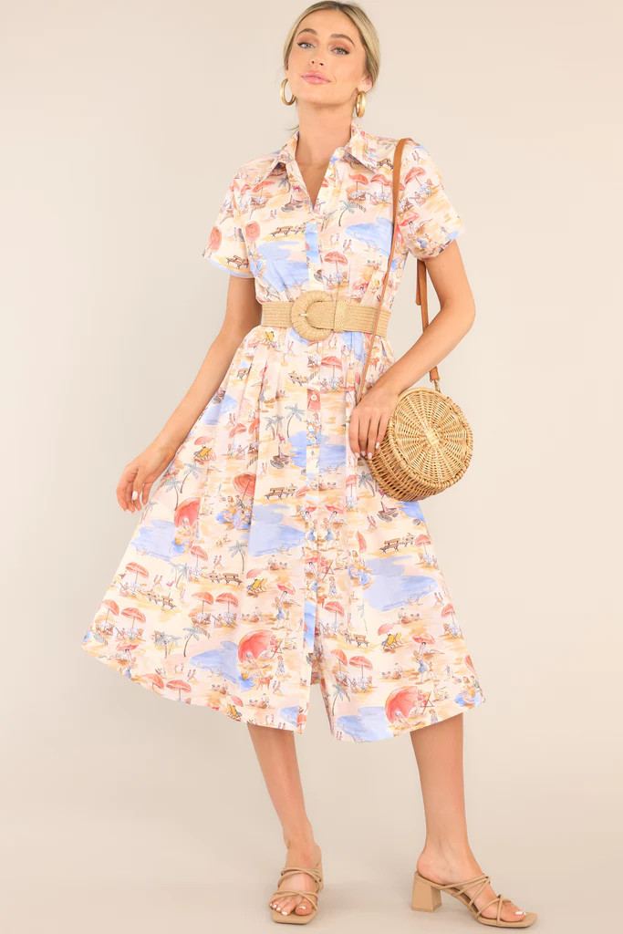 Best In Town Beige Island Print Cotton Midi Dress | Red Dress