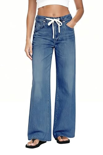MARIASHA Wide Leg Jeans for Women Trendy High Waist Stretchy Baggy Jeans Women Drawstring Denim Pants Vintage Blue 3XL | Amazon (US)