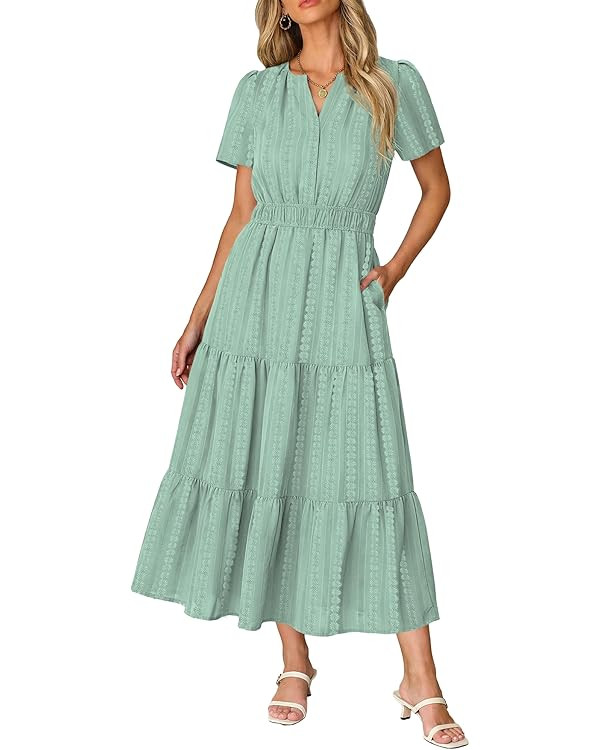 RUMIA Women Casual Midi Maxi Dresses Short Sleeve V Neck Elastic Waist Vacation Dress Pockets（S... | Amazon (US)