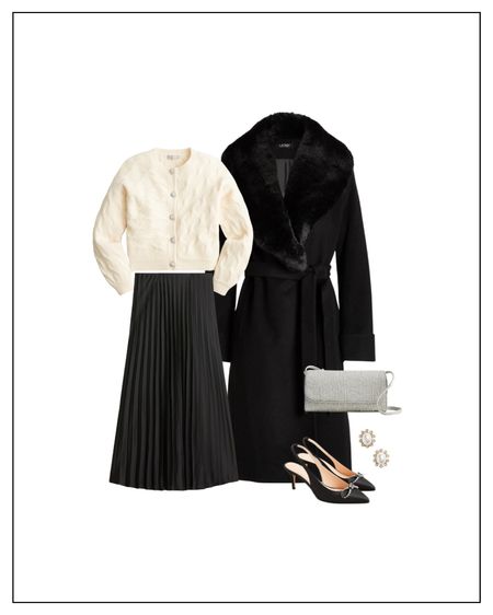 Christmas outfit ideas, holiday party outfit, black and white outfit, neutral holiday outfit, holiday skirt, pleated midi skirt, fur collar coats, cable knit cardigan sweater , black bow heels, crossbody bag 


#LTKsalealert #LTKunder100 #LTKHoliday