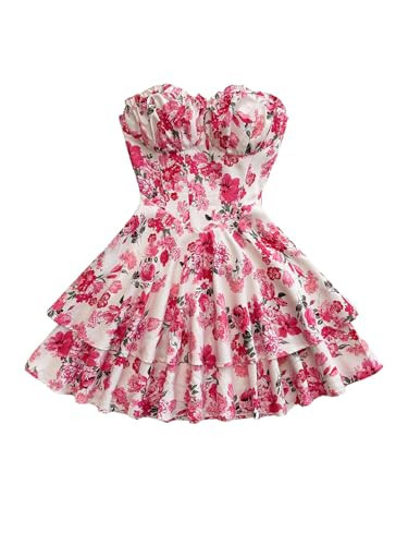 Floerns Women's Floral Strapless Tube Dress Ruched Bust Tiered Hem A Line Mini Dresses Pink Small | Amazon (US)
