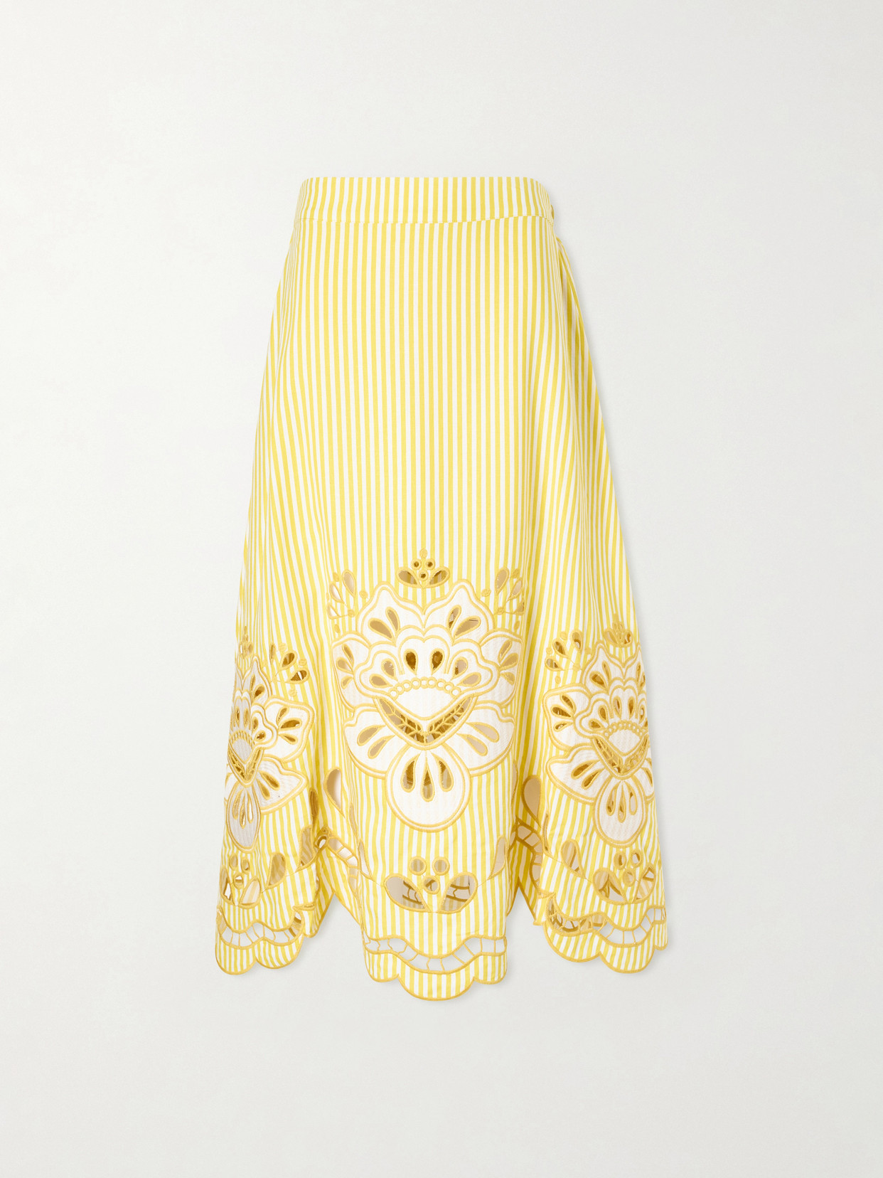 Farm Rio - Striped Broderie Anglaise-trimmed Linen-blend Midi Skirt - Yellow | NET-A-PORTER (US)