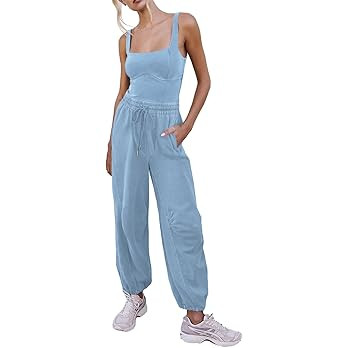 Women's Sleeveless Summer Jumpsuit Square Neck Drawstring Waist Long Romper Jumpers 2026 with Poc... | Amazon (US)