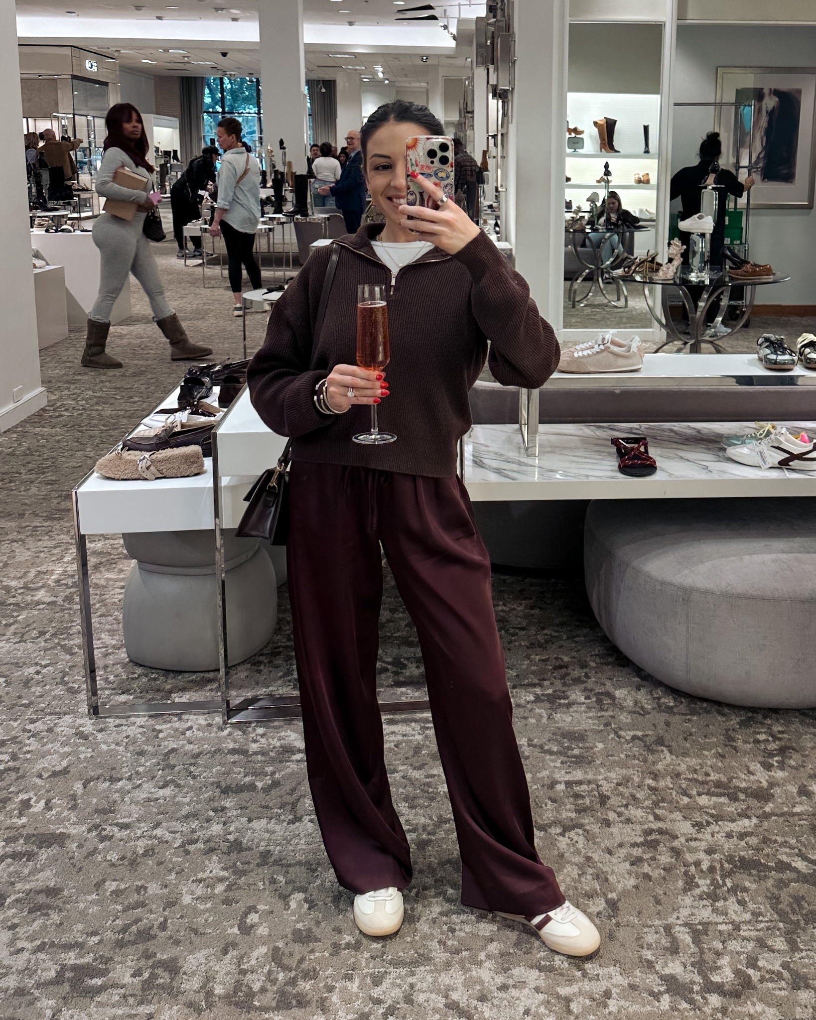 Embraced the madness of northpark mall yesterday in this fit—
 Abercrombie Black Friday sale! Maroon silk pants, brown half zip knit sweater, adidas sambas 

#LTKSaleAlert #LTKHoliday #LTKFindsUnder100