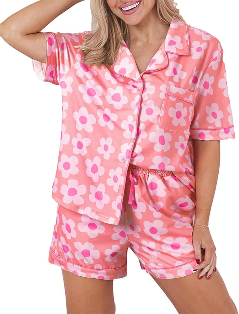 KevaMolly Womens Pajama Sets Pink Flower Print Buttoned Drawstring Waist Lounge Set Short Sleeve ... | Amazon (US)