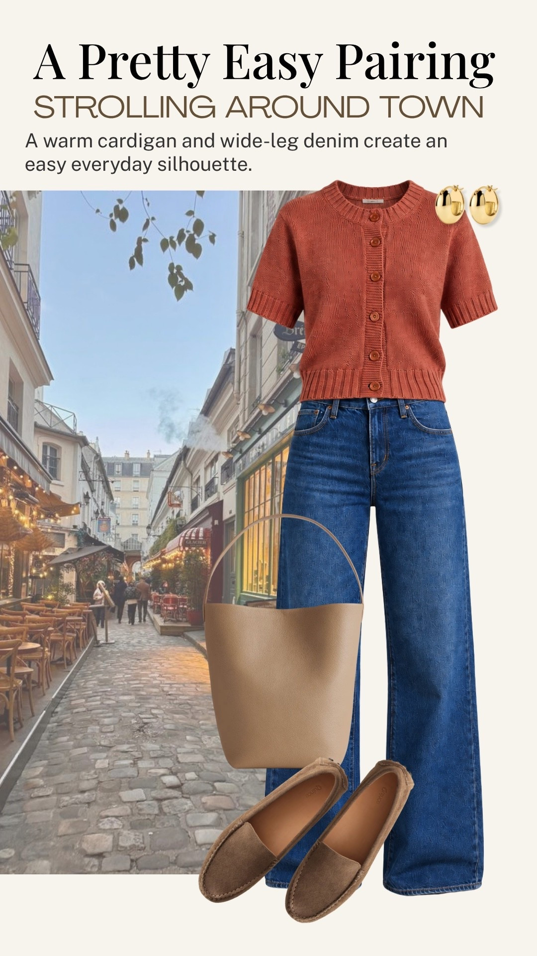 This rust-toned short-sleeve cardigan is such a pretty way to add warmth to wide-leg denim for fall. I love how the rich color and simple silhouette make this an easy everyday outfit for strolling around town, coffee, or lunch.

#LTKdayinmylife #LTKootd #LTKOver40
