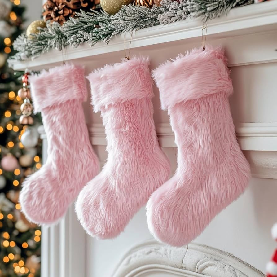 AOGU 3 Pack 19 Inch Pink Christmas Stockings Faux Fur Xmas Christmas Stockings Hanging Ornaments ... | Amazon (US)