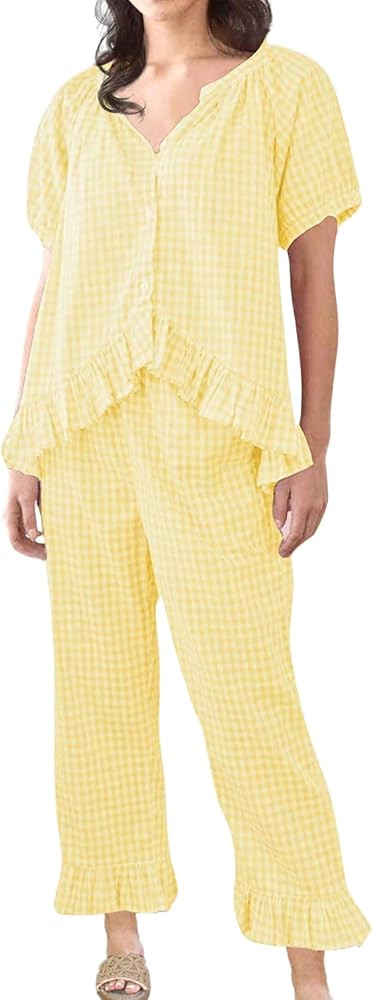Womens Gingham Pajama Set 2 Piece Short Sleeve Babydoll Shirt and Pants Lounge Set Cute Sleepwear | Amazon (US)