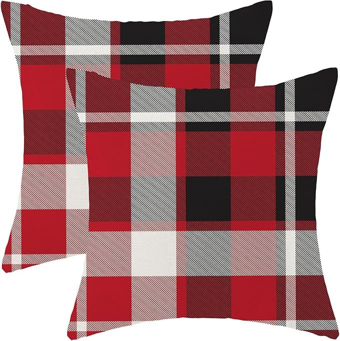 AEIOAE Checkered Christmas Pillow Covers 18x18 Inch Set of 2 Wine Red Black Cream Buffalo Plaid T... | Amazon (US)