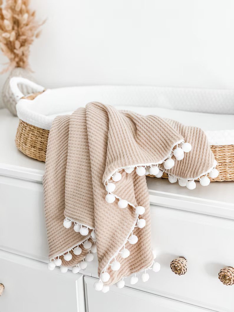 Waffle brush Pom Pom baby blanket, swaddle blanket, receiving baby blanket, warm cozy baby blanke... | Etsy (US)