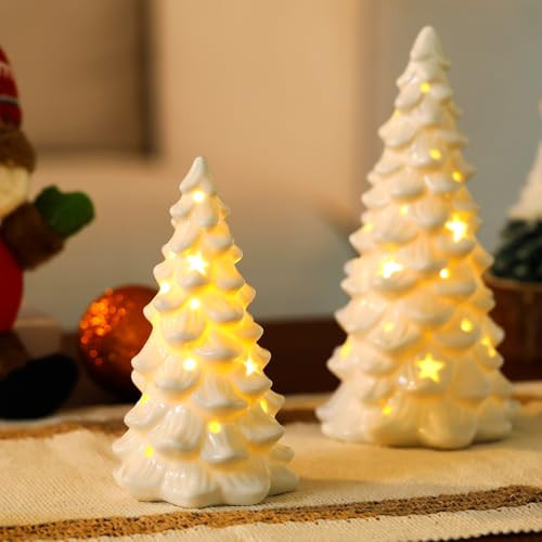 HOMCDALY 2 PCS White Small Christmas Tree with Lights, Mini Christmas Tree for Christmas Décor, Tabletop Xmas Tree Figurines, Christmas Decorations（Ceramic） | Amazon (US)