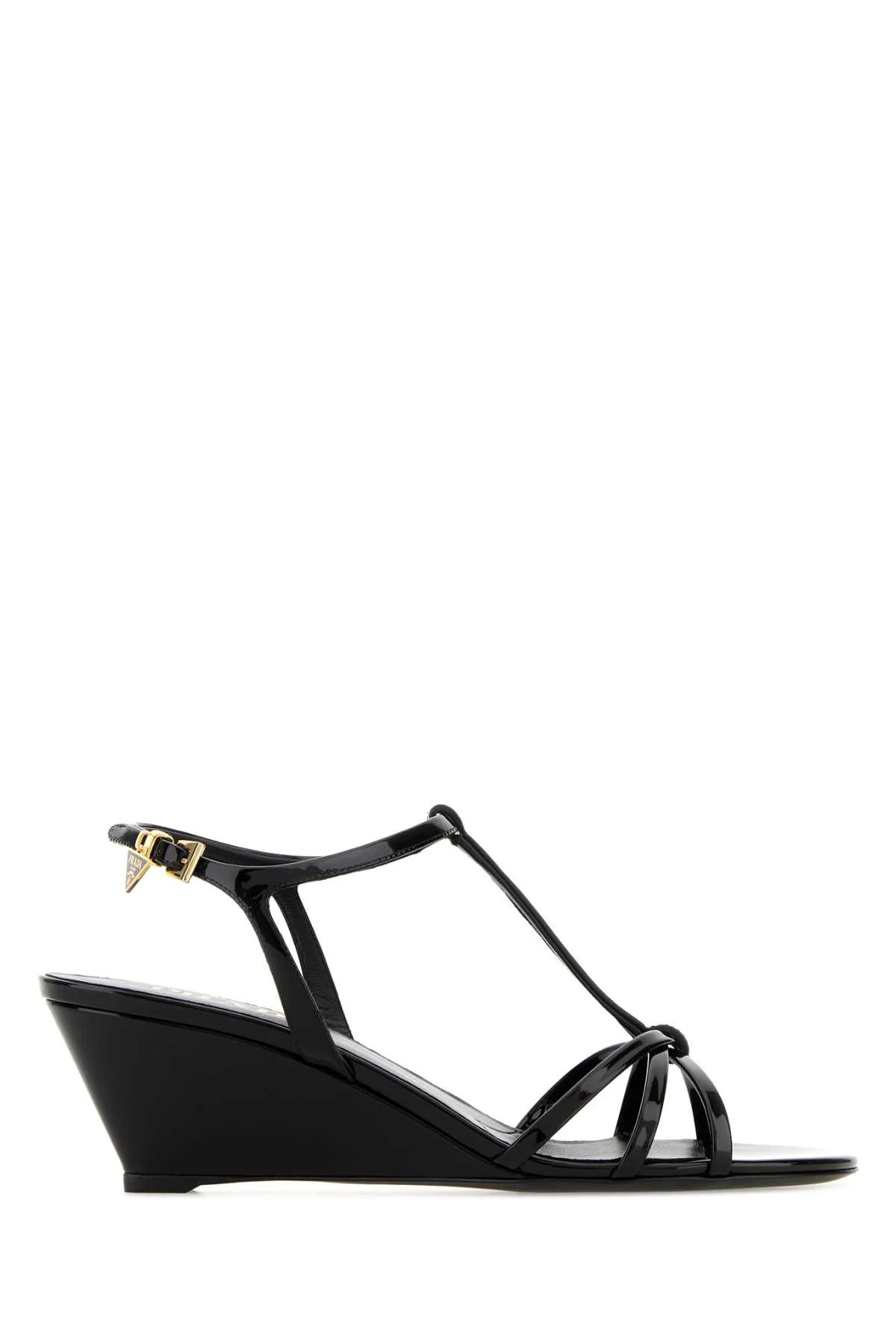 Prada T-Strap Leather Wedge Sandal — Black - 40 | Italist Inc.