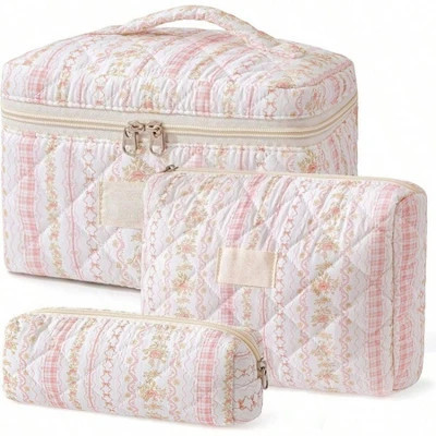 Cute Floral Quilted Makeup Bag Set (3PCS) - Travel Cosmetic & Toiletry Organizer pink Standard | Target
