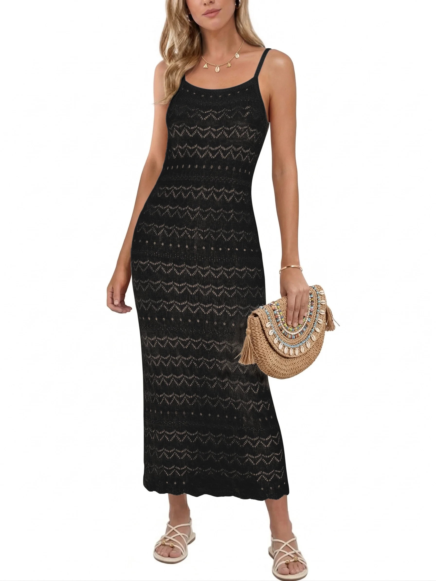 Anygrew Women's Swimsuit Cover Up Crochet Knit Maxi Dress Spaghetti Strap Summer Beach Casual Dre... | Walmart (US)