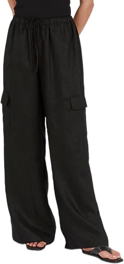 Xiaoxuemeng Womens Cotton Linen Wide Leg Pants Casual Elastic Waisted Cargo Pants with Pockets | Amazon (US)