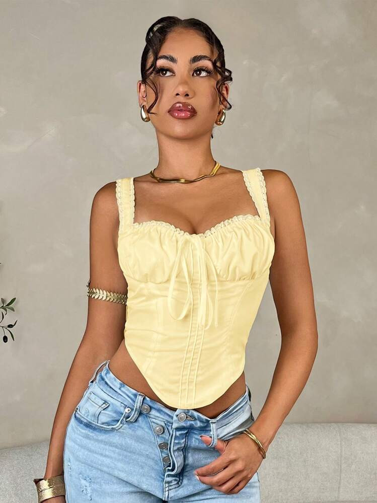 SHEIN BAE Summer Vacation Outing Victoria Secret Lace Contrast Corset Top,Summer Outfits Tank Top,Tunic Top | SHEIN