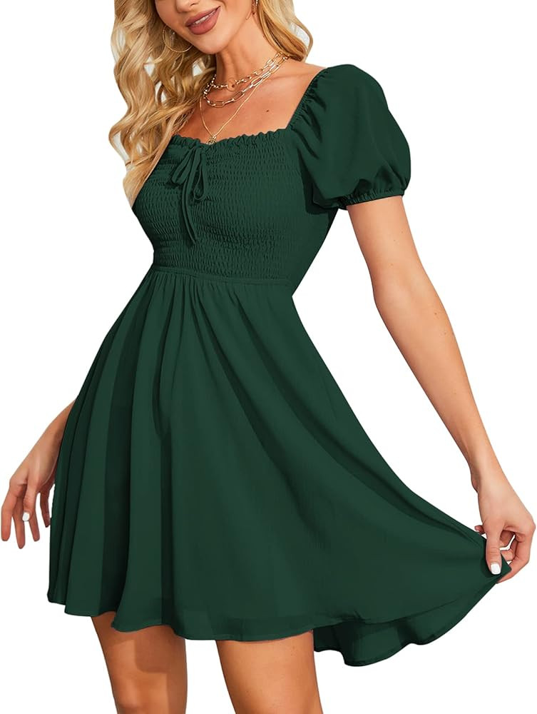 Byinns Women's Sweetheart Neckline Dress Smocked Sundress Puff Short Sleeve Drawstring Dresses | Amazon (US)