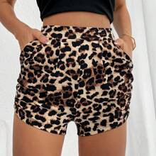 Shein Essnce Womens Summer Casual Leopard Pants Leopard Print Side Pleats Slant Pocket Side Seam Gathered Shorts | SHEIN