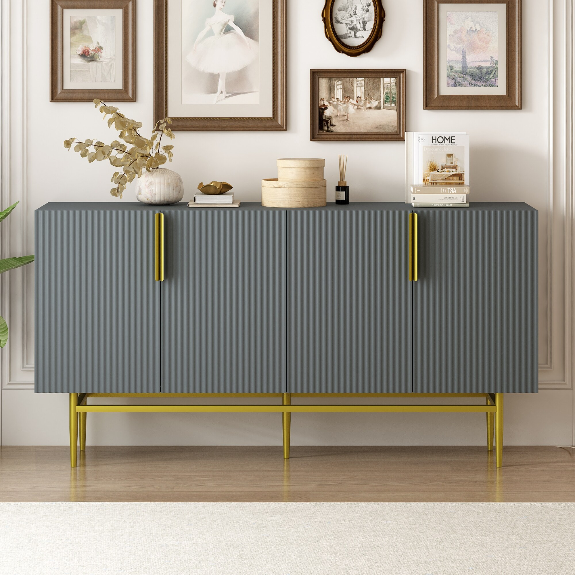 Modern 4-Door Sideboard Buffet Cabinet with Gold Handles (Gray) | Bed Bath & Beyond