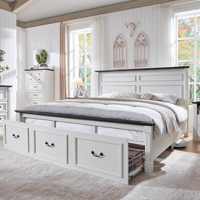 Aitjunz Farmhouse King Size Bed Frame with 51" Tall Headboard, Wood Platform Bed Frame with 20" T... | Amazon (US)