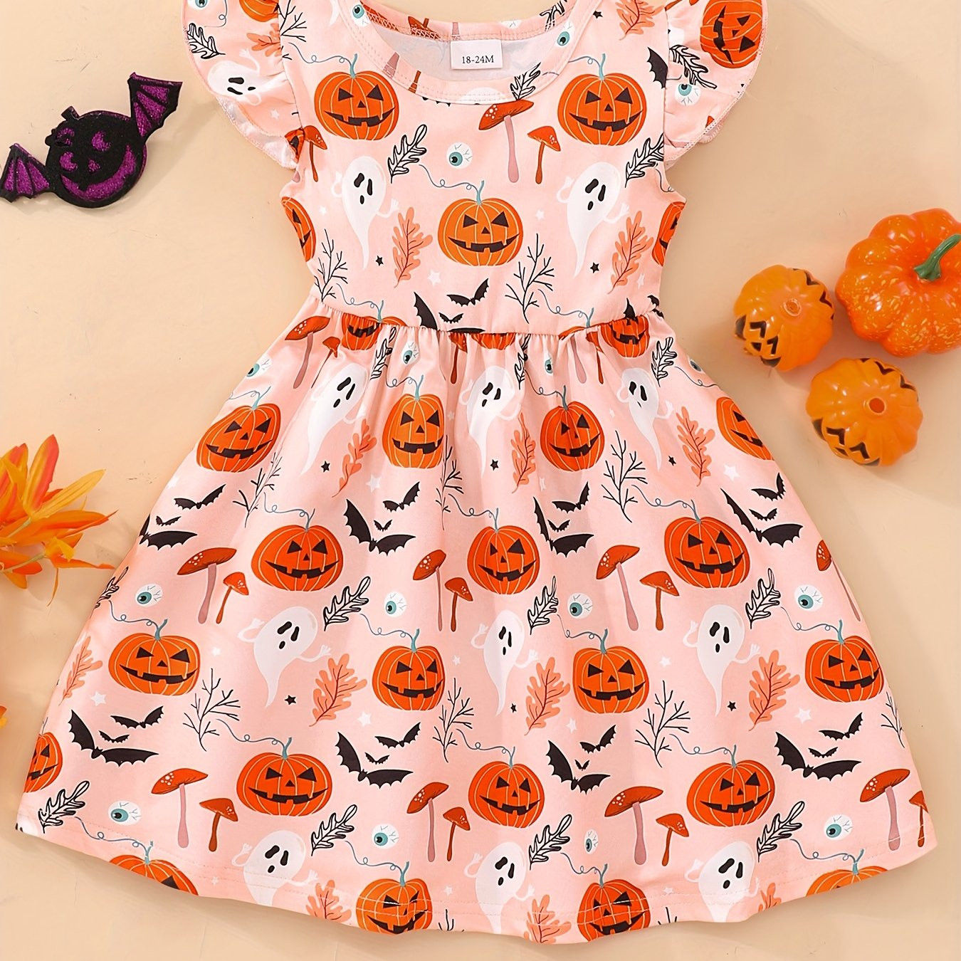 Girls Cartoon Pumpkin Ghost Graphic Dress Flutter Trim - Temu | Temu Affiliate Program