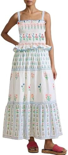 Women Summer Smocked Flowy Dress Spaghetti Strap Square Neck Floral Dress Ruffle Patchwork Boho A... | Amazon (US)